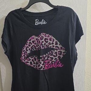 Barbie Black Tee with Pink Leopard Lip Graphic and Logo Size 2X
